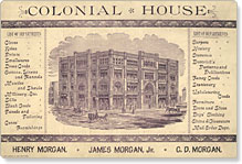 Morgan's Colonial House promotional card listing departments, 1891
