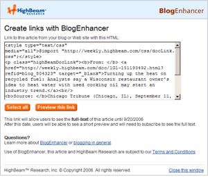 HighBeam BlogEnhancer creates links for blogs, Web sites and e-mail