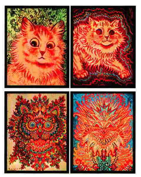 Pictures of cats painted by Louis Wain depicting the altered perceptions of a schizophrenic