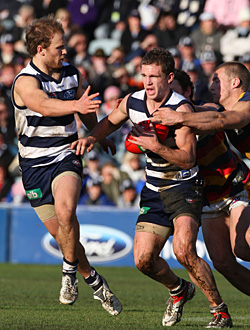 Tough Cat youngster Joel Selwood breaks the tackle of Adelaide's Scott Thompson.
