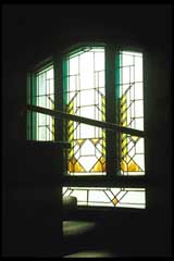 A typical ca. 1910 Prairie School art glass window, Riverside, Illinois.