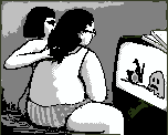 [Drawing of Uma Thurman absentmindedly twisting Penn's hair while she watches him play a videogame about a man in a wheelchair chased by a pacman monster.  Penn's briefs have stars and stripes on them.  Two pizza boxes sit on the TV set.]