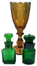 Victorian Davidson amber glass vase and Crown Perfumery green glass perfume bottles - c.1880's
