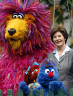 Laura Bush with cast of Indian Sesame Street 