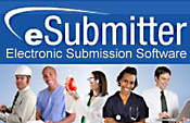 The word eSubmitter in large letters; caption underneath Electronic Submission Software. Photo of several health and office workers.