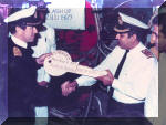 A key handing over ceremony on 28 January 1987, as the engineering department celebrated a milestone when the B Boiler room was flashed up. The person on right is Captain (later Vice Admiral) Vinod Pasricha. Image  Indian Navy via Kapil Chandni
