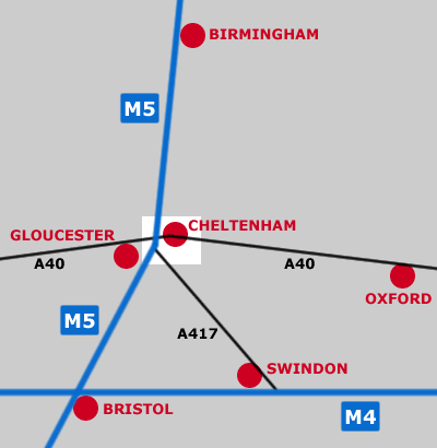 Map showing Cheltenham location in relation to Birmingham, Oxford, Swindon, Bristol, Gloucester, M5, A40 and A417