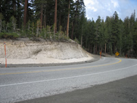 Several feet of pumice in road cut from Inyo eruption.