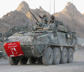 A Canadian light armoured vehicle leaves for a patrol in the Zhari district on Nov. 14, 2008.