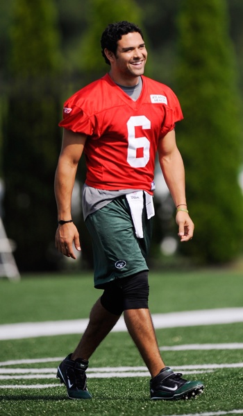 Mark Sanchez takes part in the morning walk through during training camp at the Jets' practice facility in Florham Park, New Jersey in August.