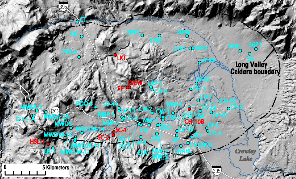 Well monitoring sites in Long Valley caldera, California.