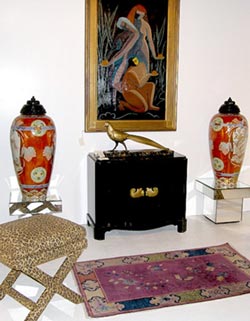 An example of Art Deco Interior Design  (my personal collection) French art deco Noir oil o/c vivid colours geometric form in the Egyptian influence, Pair of  palace urns from a Beverly Hills Estate, Kutani Japanese c.1920, Rare American Deco Noir lacquered cabinet, Chinese Deco rug