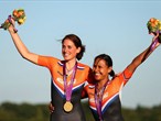 Kathrim Goeken and Kim van Dijk of Netherlands receive their gold medals