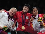 The medal winners in the women's Epee Category A pose on the podium