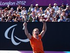 Esther Vergeer of Netherlands celebrates defeating Aniek Van Koot of Netherlands 