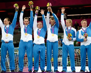 Finland celebrate after winning the men's Goalball gold medal