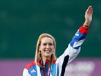 Danielle Brown of Great Britain receives her gold medal in the Archery