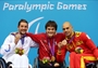  Silver medallist David Smetanine of France, gold medallist Gustavo Sanchez Martinez of Mexico and bronze medallist Richard Oribe of Spain pose on the podium 