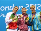 Men's 100m Breaststroke - SB12 finalists proudly display their medals