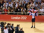Sir Chris Hoy of Great Britain celebrates gold in the Keirin in front of the home crowd
