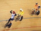 Sir Chris Hoy of Great Britain celebrates another gold in the men's Keirin Track Cycling 