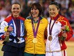 Gold medallist Anna Meares poses on the podium