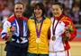 Gold medallist Anna Meares poses on the podium