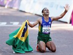 Tito Sena of Brazil celebrates winning the men's T46 marathon