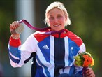 Shelly Woods of Great Britain celebrates with her silver medal 