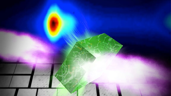 An image of gasses passing through a green block.