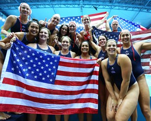 United States players celebrate winning the women's Water Polo gold medal match