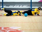 Anna Dahlberg of Sweden and team mate Josefine Jalmestal block the ball 