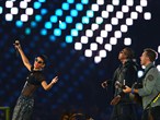 Rihanna, Jay-Z and Chris Martin of Coldplay perform 