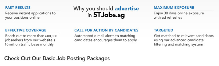 Why you should advertise in www.stjobs.sg - Fast Results, Maximum Exposure, Effective Coverage, Call for action by Candidates, Targeted - Check Out Our Basic Job Posting Packages