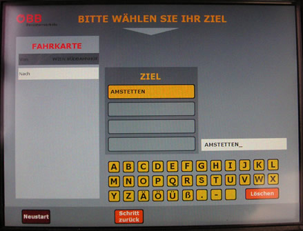 ÖBB-Fahrkartenautomat: Auswahl des Zielortes, Teil 2 (nach der Eingabe)