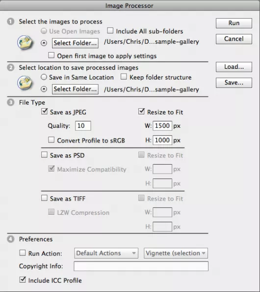 The Photoshop Image Processor settings screen